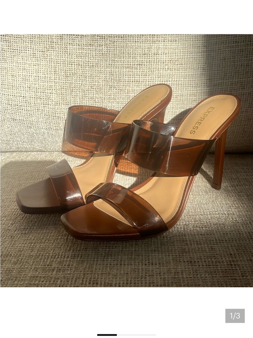 Express Women’s Brown Translucent Lucite Two-Band High Heel Mules